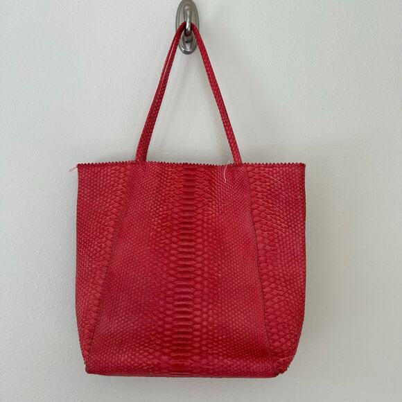 Carlos Falchi Python Leather Tote Bag Exotic Embossed Shoulder Bag coral Orange - Picture 7 of 14